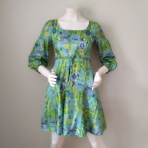 Vintage 60s Green Silk Abstract Print Mod Babydoll Minidress 00 XXS